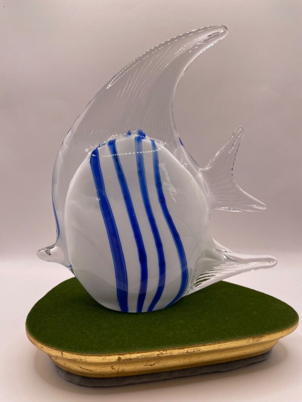 Blown Art Glass Angel Fish White Cobalt Blue Stripes Cased in Clear Glass